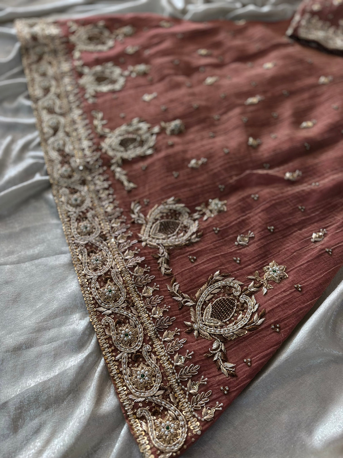BEAUTIFUL ZARDOZI ANGRAKHA IN CRUSH TISSUE FABRIC WITH ITALIAN SHIMAR DUPATTA