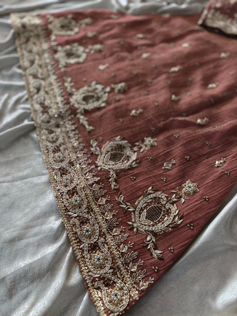 BEAUTIFUL ZARDOZI ANGRAKHA IN CRUSH TISSUE FABRIC WITH ITALIAN SHIMAR DUPATTA |  | Karishma Emporium | Elegance in Making Pure Zardozi Women wear