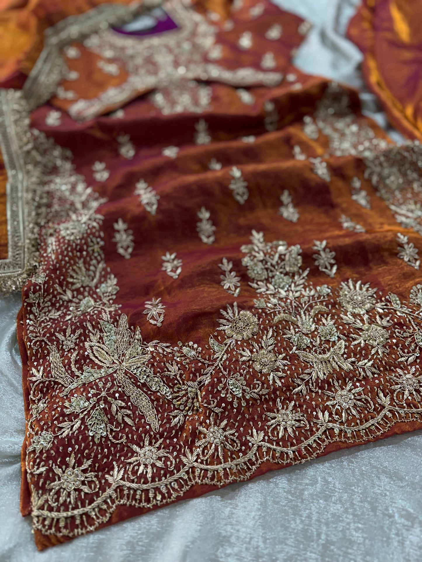BEAUTIFUL RUST SHARARA IN ZARDOZI WORK