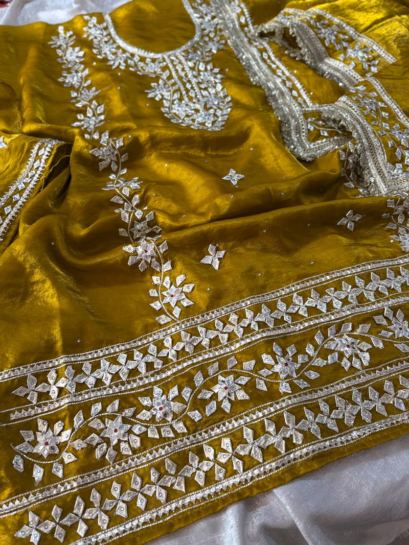 GOLD MUSTARD GOTA PATTI SUIT |  | Karishma Emporium | Elegance in Making Pure Zardozi Women wear