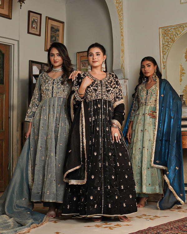 Alamdar-Frock Italian Shimar fabric frock/dupatta  Trouser-kimkhab silk