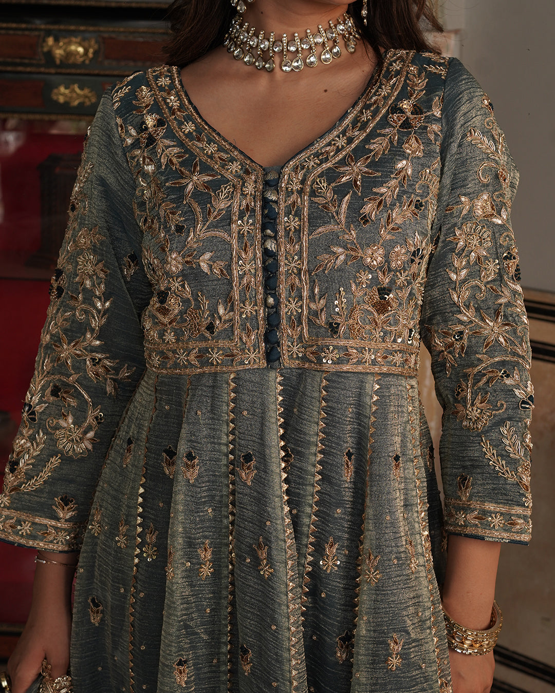 Alamdar-Frock Crush tissue fabric frock/dupatta  Trouser-kimkhab silk