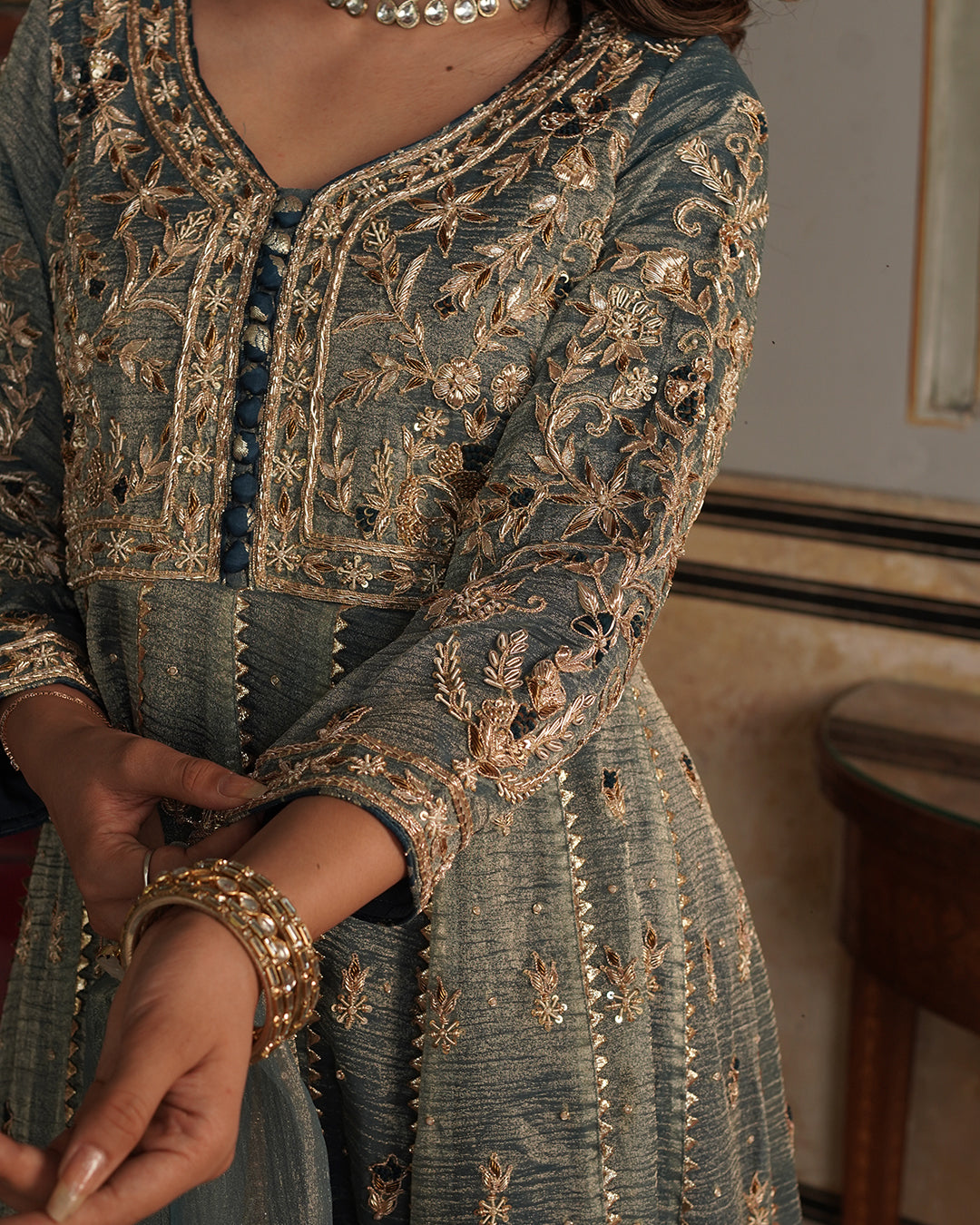 Alamdar-Frock Crush tissue fabric frock/dupatta  Trouser-kimkhab silk