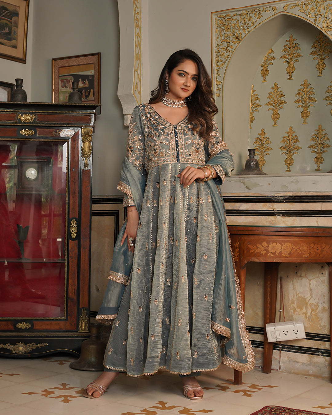 Alamdar-Frock Crush tissue fabric frock/dupatta  Trouser-kimkhab silk