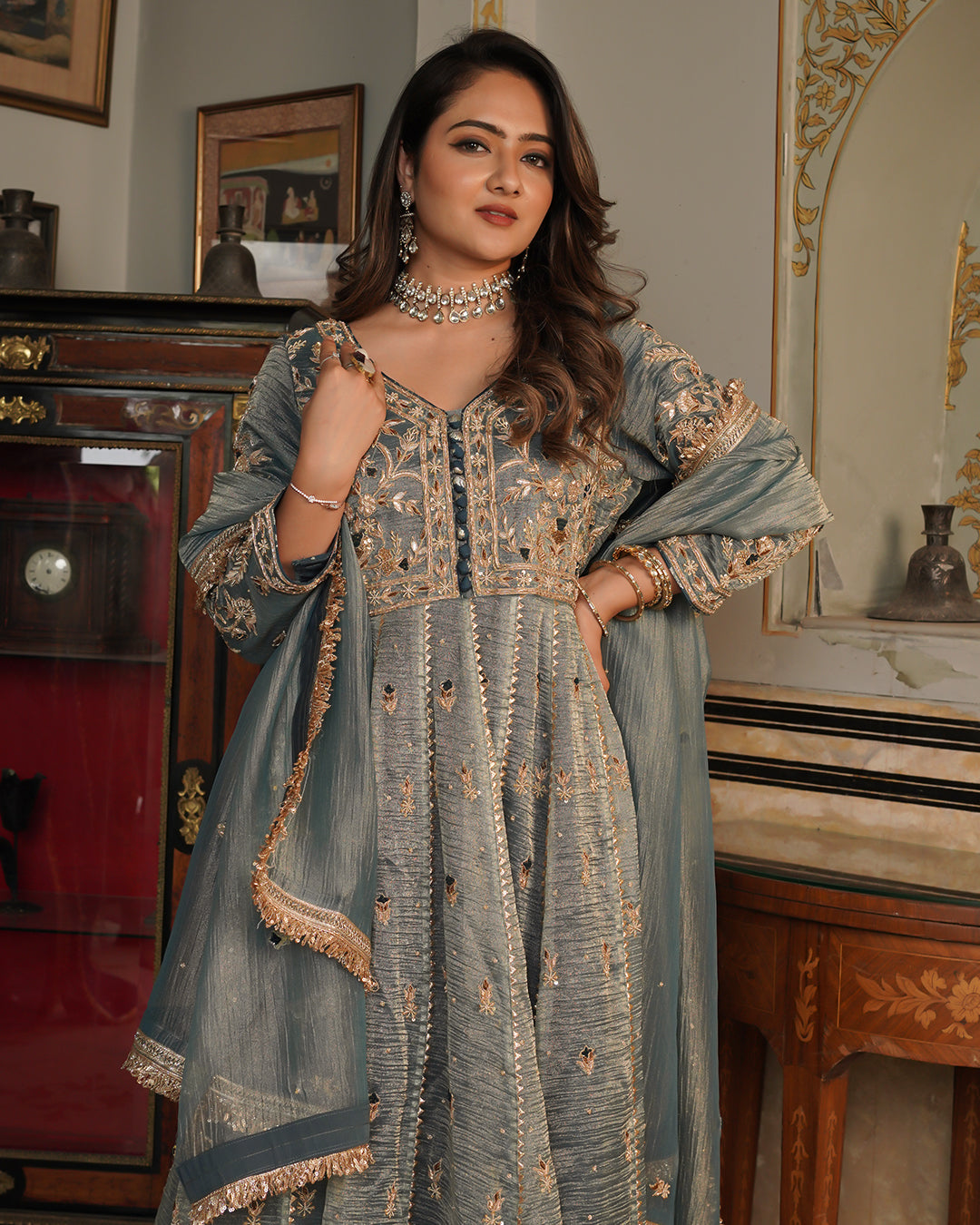 Alamdar-Frock Crush tissue fabric frock/dupatta  Trouser-kimkhab silk