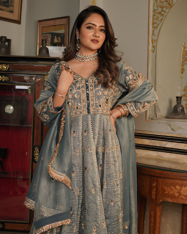 Alamdar-Frock Crush tissue fabric frock/dupatta  Trouser-kimkhab silk